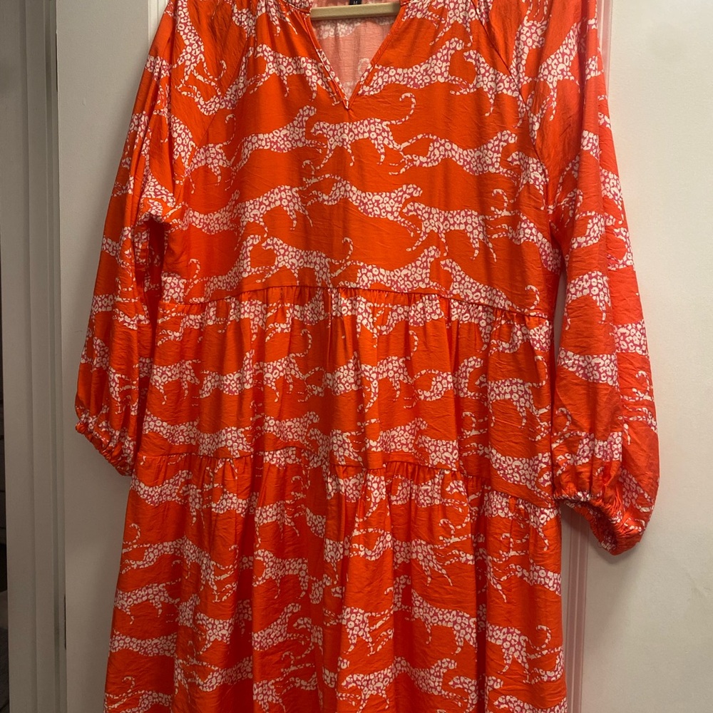 Michelle McDowell Coral Leopard Print Tiered Dress | Size Medium | Long Sleeve |